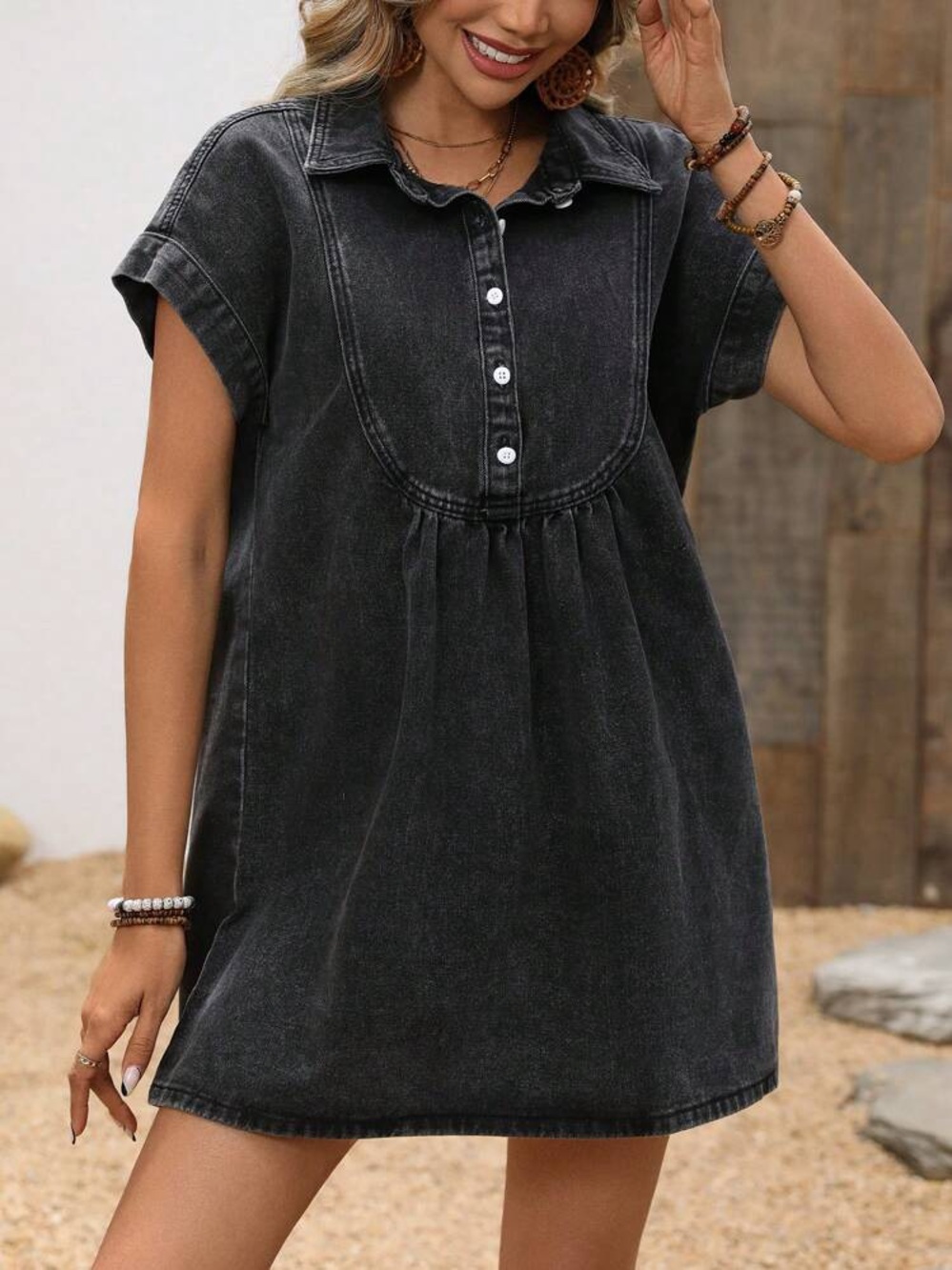 SHEIN Women's Black Denim Collared Shirt Dress Coastal Cowgirl Western Size XS